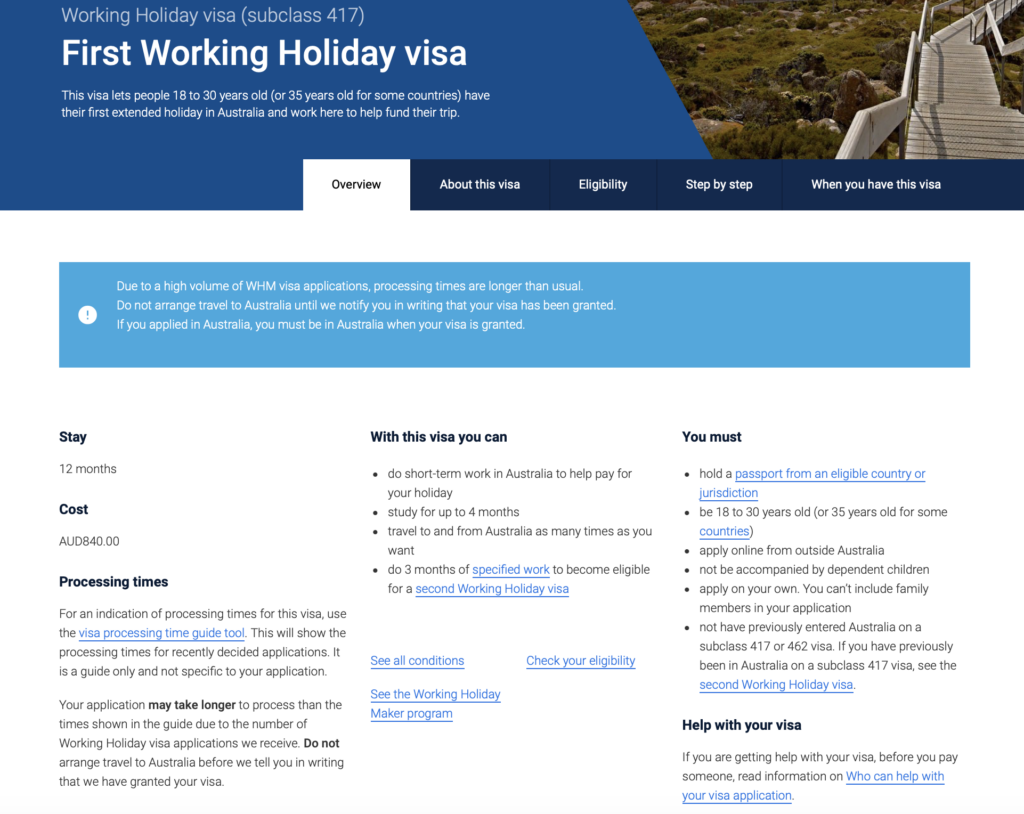 First Working Holiday Visa Australia